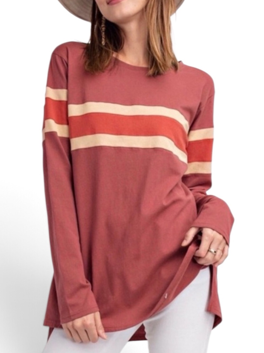 NEW easel Rust Striped Long-Sleeve Tee with Cream & Red Accents Womens Sizes NWT